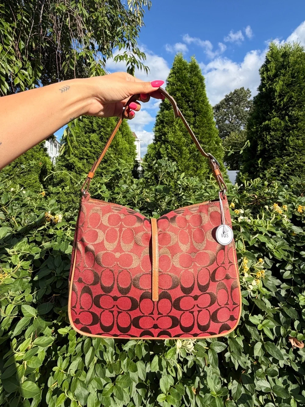 Vintage Y2K Coach Hamptons Signature Clip Shoulder Bag Red Orange Jacquard